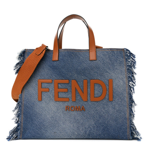Fendi Handbag Lavato King Frayed Tote Chiaro Cuoio Denim Vitello Logo Tote Bag