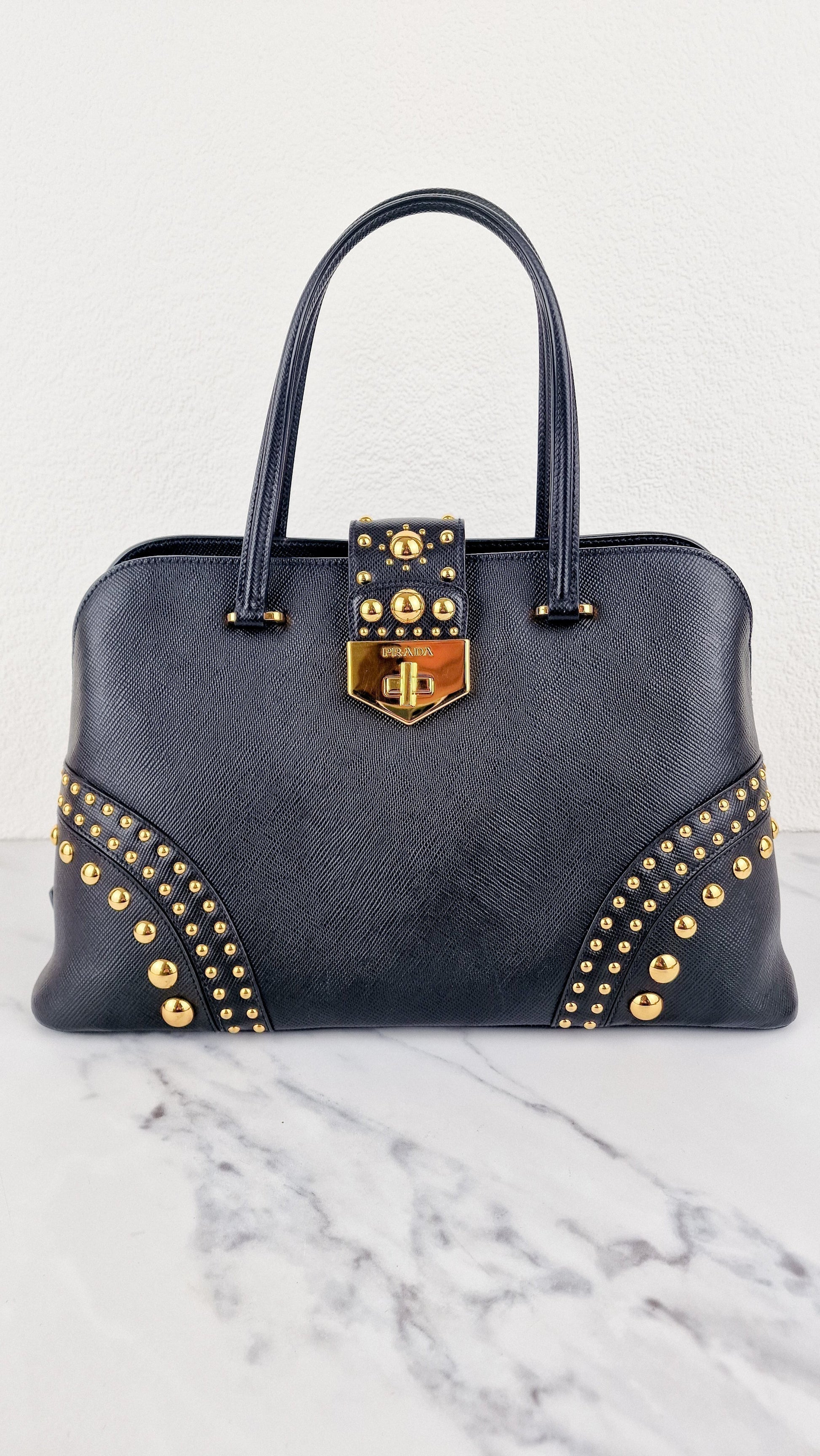 Prada Prada Saffiano Cuir Black Gold Studs Handbag Prada Travel Bag