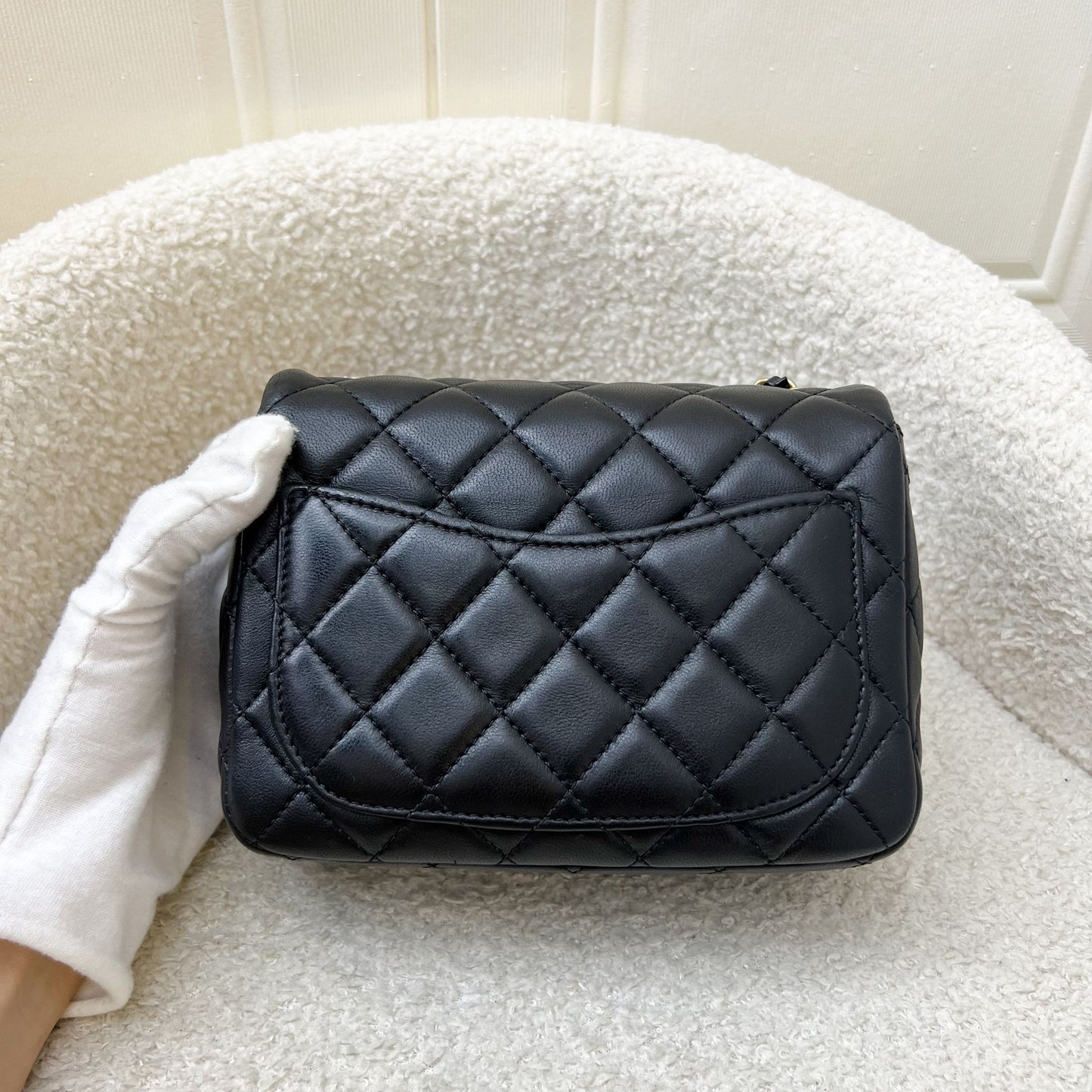 Pearl Crush Square Mini Flap in Black Lambskin and AGHW (Model: ) Accessory Signature