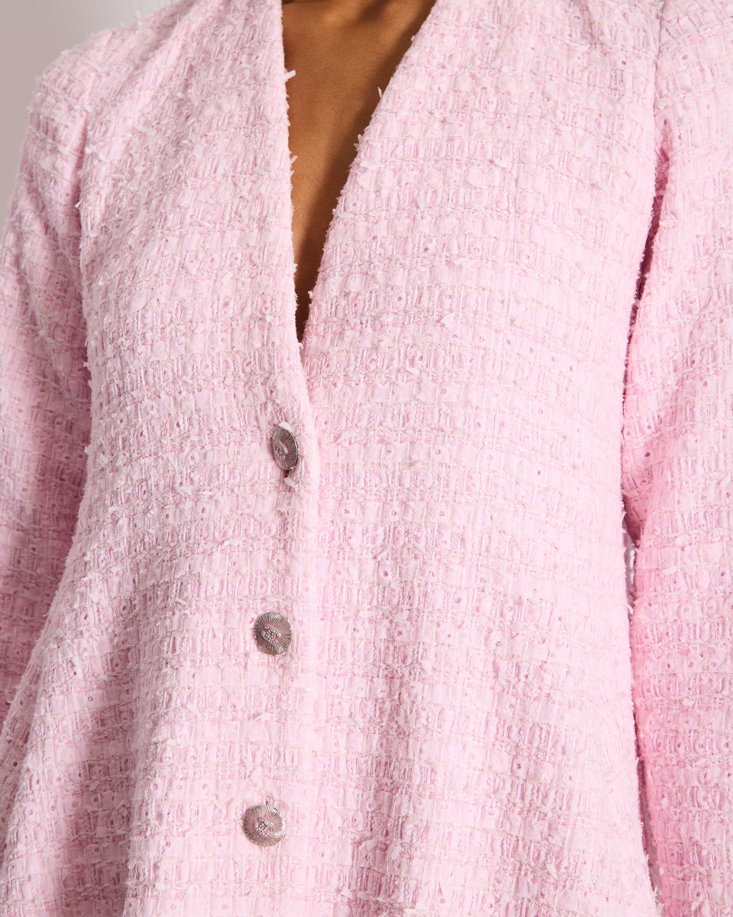 Chanel *HOT* Pink Tweed Long Sleeve A-Line Asymmetric Mini Dress with Silver and Pink Logo Button Details Detail FR 34 (UK 6) RRP £11,650
