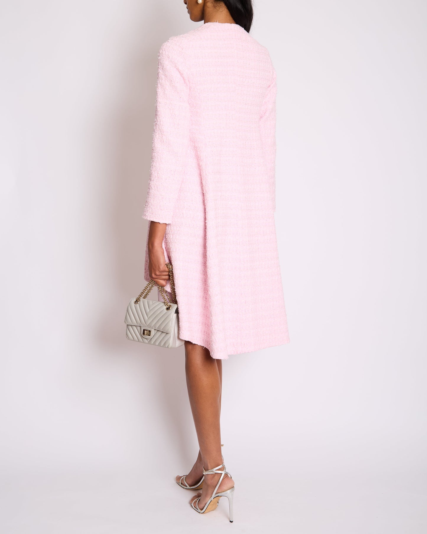 Chanel *HOT* Pink Tweed Long Sleeve A-Line Asymmetric Mini Dress with Silver and Pink Logo Button Details Detail FR 34 (UK 6) RRP £11,650