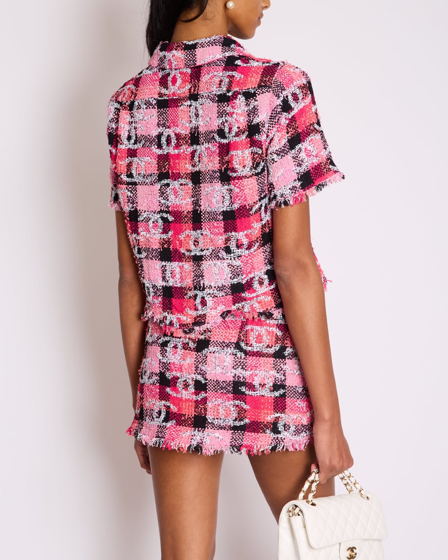 Chanel Coco Beach Hot Pink & Black Cropped Tweed Shirt with White CC Logo Detail Size FR 34 (UK 6)