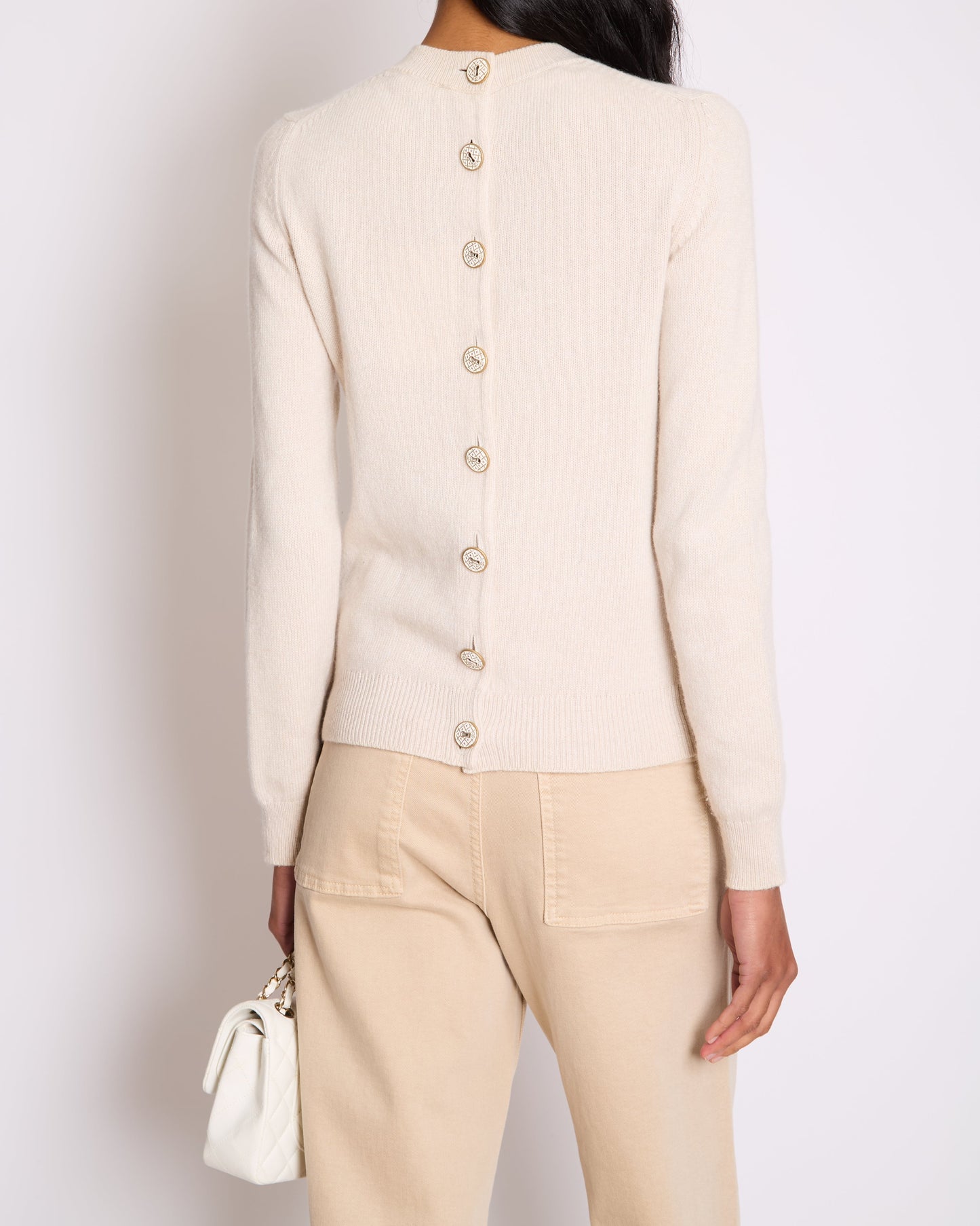 Chanel Beige Cashmere Cardigan with Gold and White Keyhole CC Buttons Size FR 36 (UK 8) Apparel