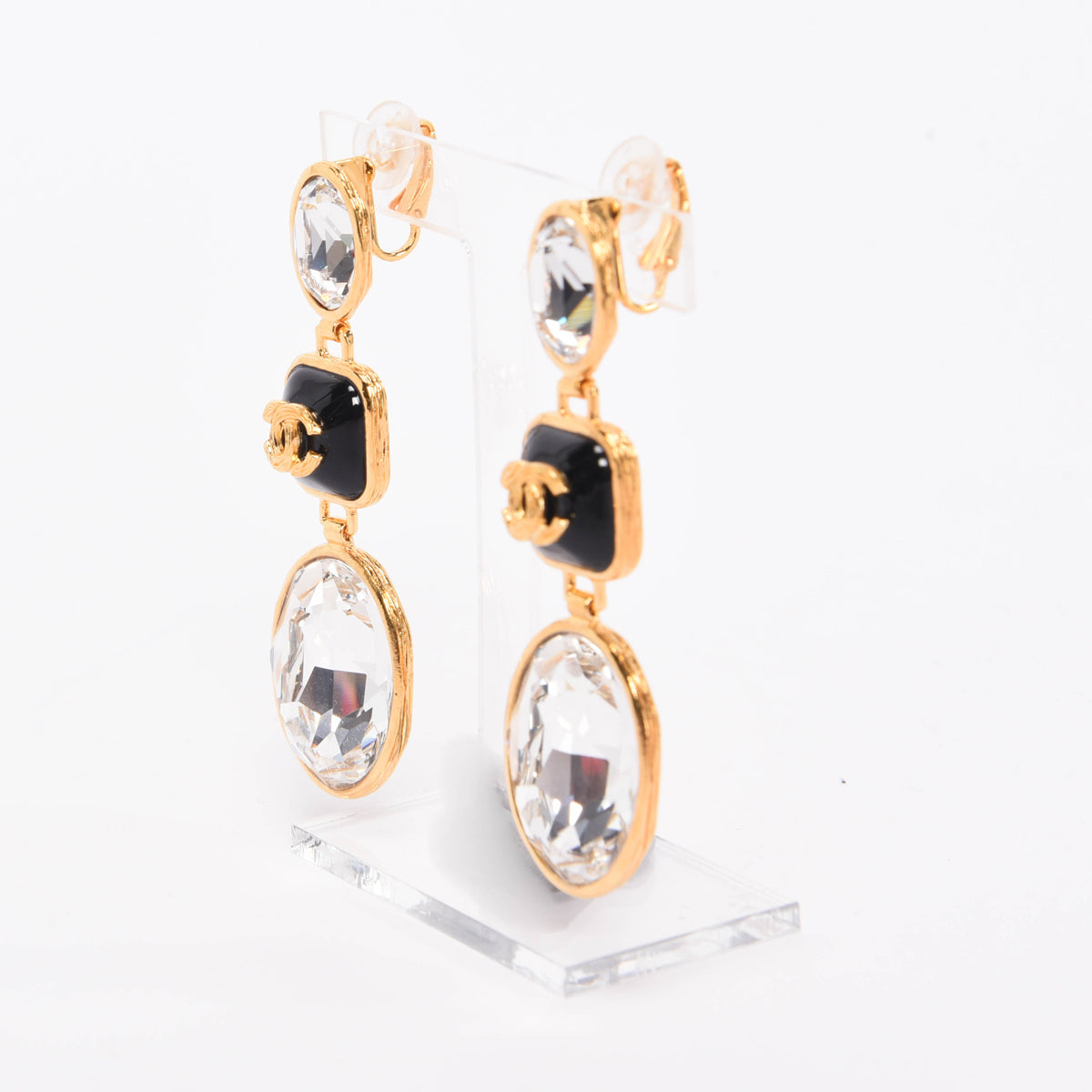 Chanel Gold & Black Crystal CC Clip-on Earrings Jewelry