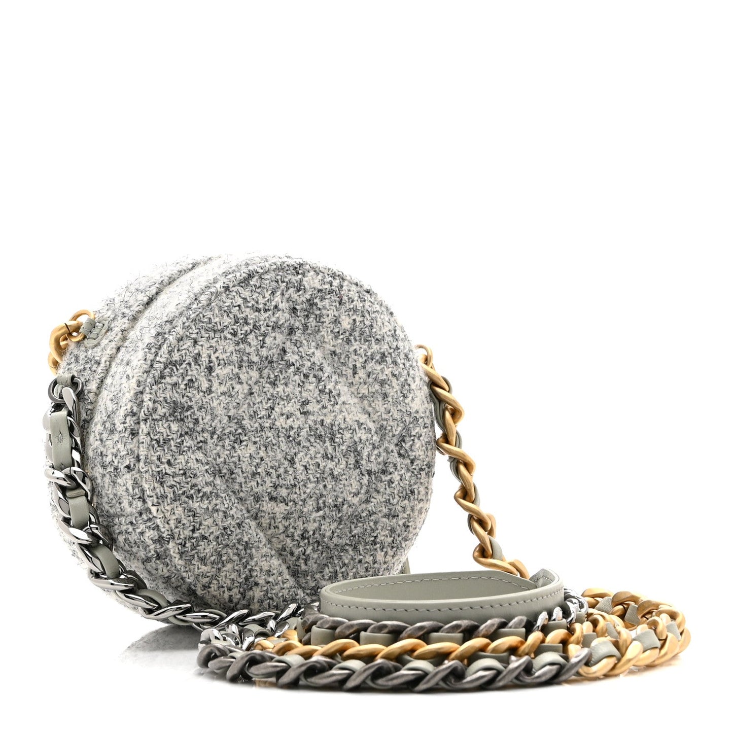Chanel Wool Tweed Lambskin Quilted 19 Round Clutch With Chain Grey Ecru