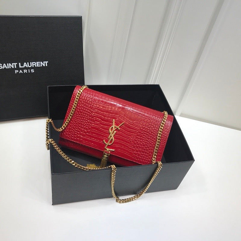 YSL Saint Laurent Kate Tassel Embossed Crocodile 9in Red Medium Chain Handbag