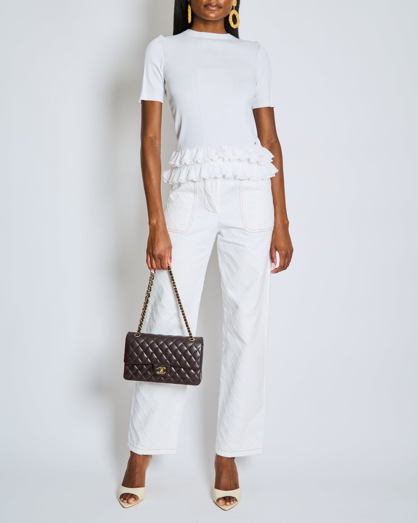 Chanel White Quilted Straight Leg Jeans with Brown Accents and Waist Ties and 31 Rue Cambon CC Logo Detail Size FR 34 (UK 6) Apparel