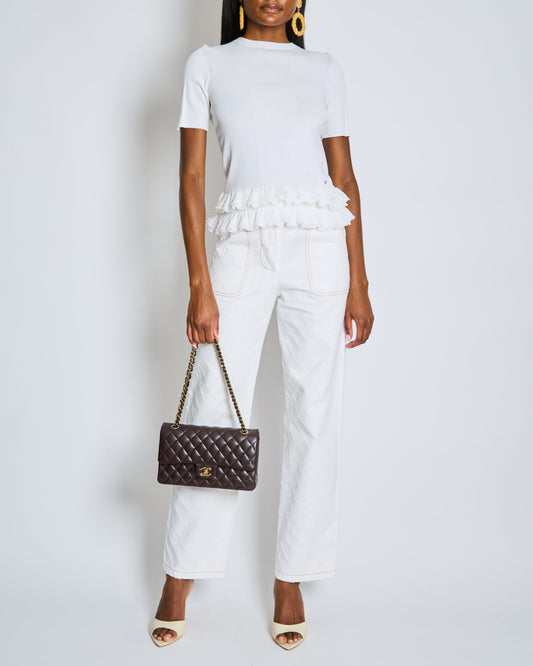 Chanel White Quilted Straight Leg Jeans with Brown Accents and Waist Ties and 31 Rue Cambon CC Logo Detail Size FR 34 (UK 6) Apparel