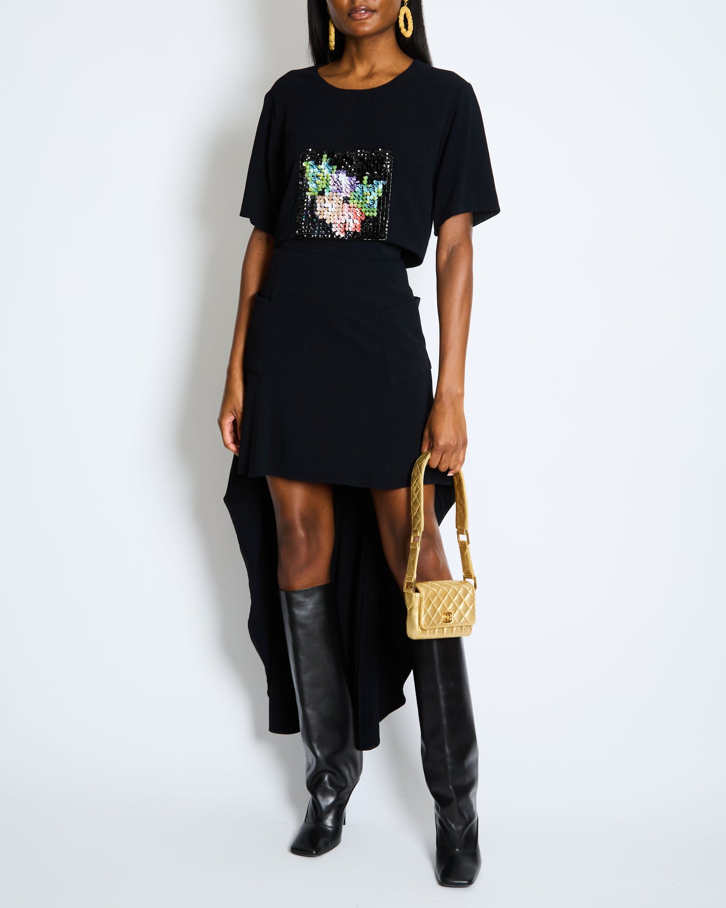 Chanel Métiers d'Art 2023 Black Cropped Top with Multi-Colour Sequin Patch Detail and Back Gold CC Logo Buttons Size FR 34 (UK 6) Accessory