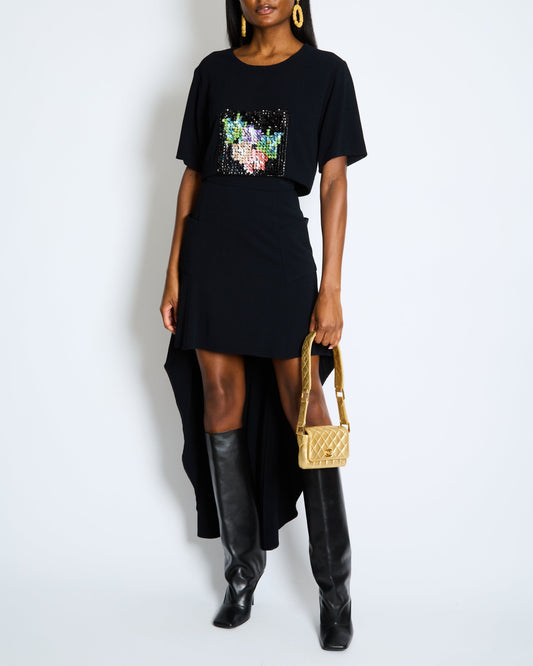 Chanel Métiers d'Art 2023 Black Cropped Top with Multi-Colour Sequin Patch Detail and Back Gold CC Logo Buttons Size FR 34 (UK 6) Accessory