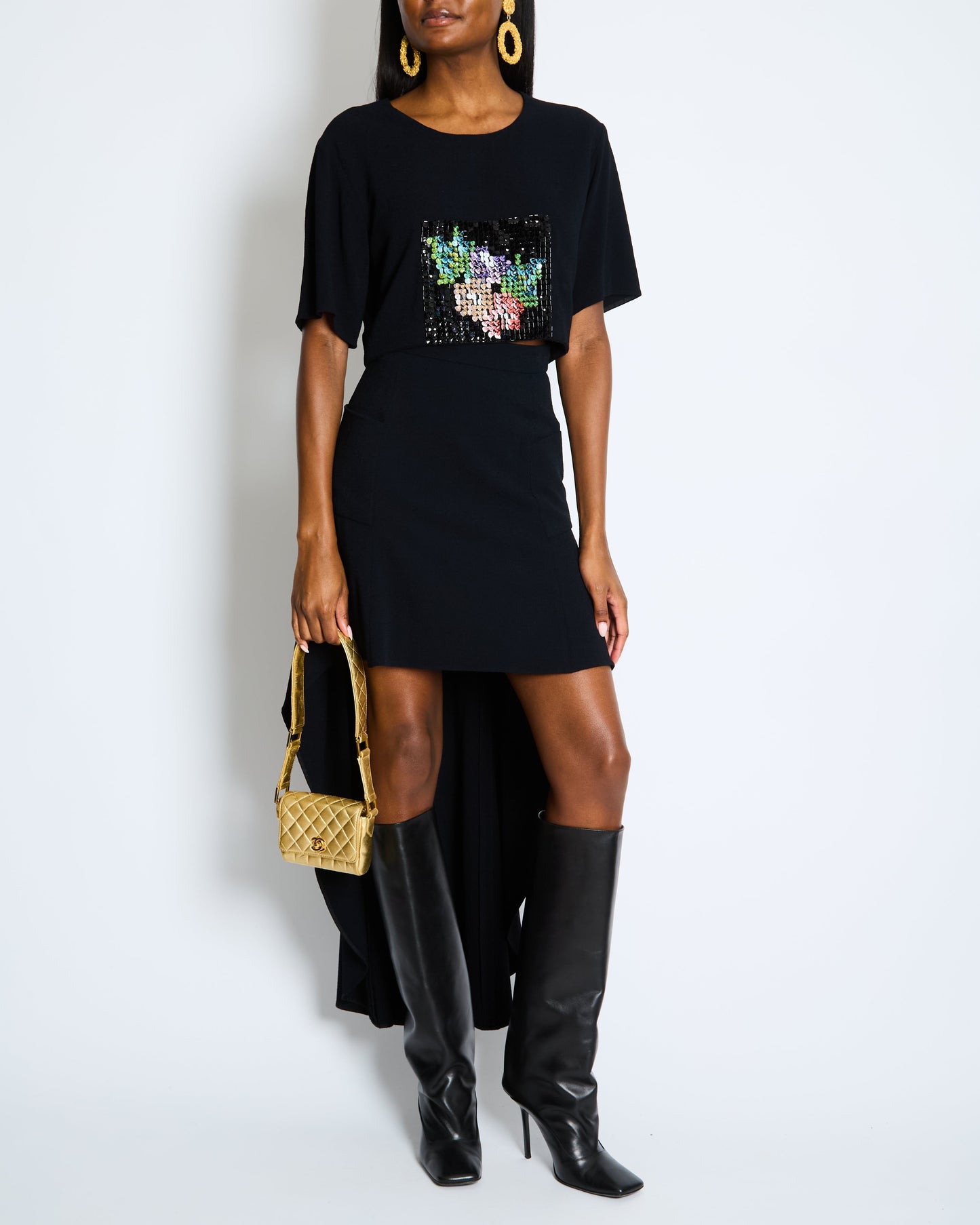 Chanel Métiers d'Art 2023 Black Cropped Top with Multi-Colour Sequin Patch Detail and Back Gold CC Logo Buttons Size FR 34 (UK 6) Accessory