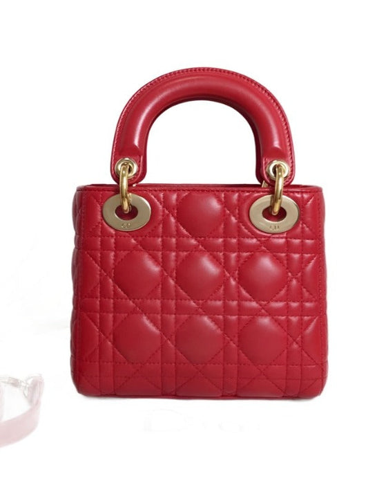 Dior Lady Handbag Cannage With Strap Leather Red Travel Bag