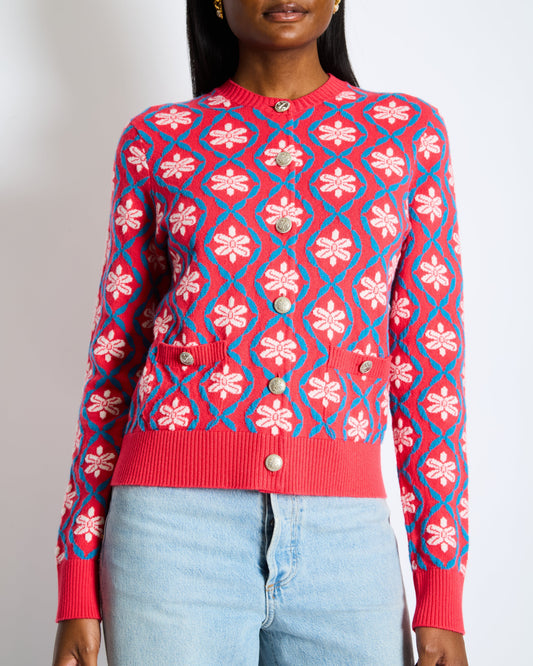 Chanel 2017 Coco Cuba Pink Cashmere Round-Neck Cardigan with Blue and White Detailing Size FR 42 (UK 14) Apparel