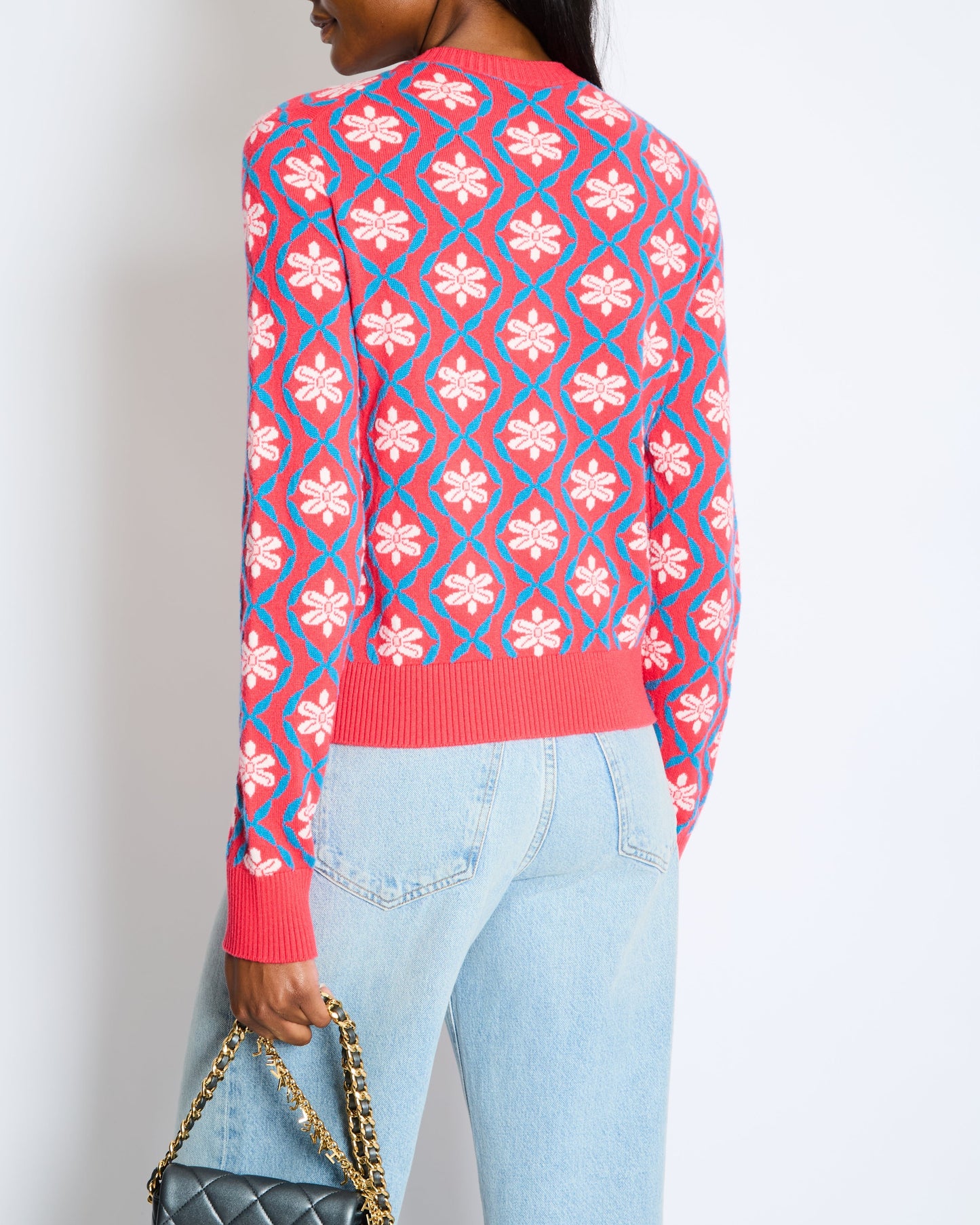 Chanel 2017 Coco Cuba Pink Cashmere Round-Neck Cardigan with Blue and White Detailing Size FR 42 (UK 14) Apparel