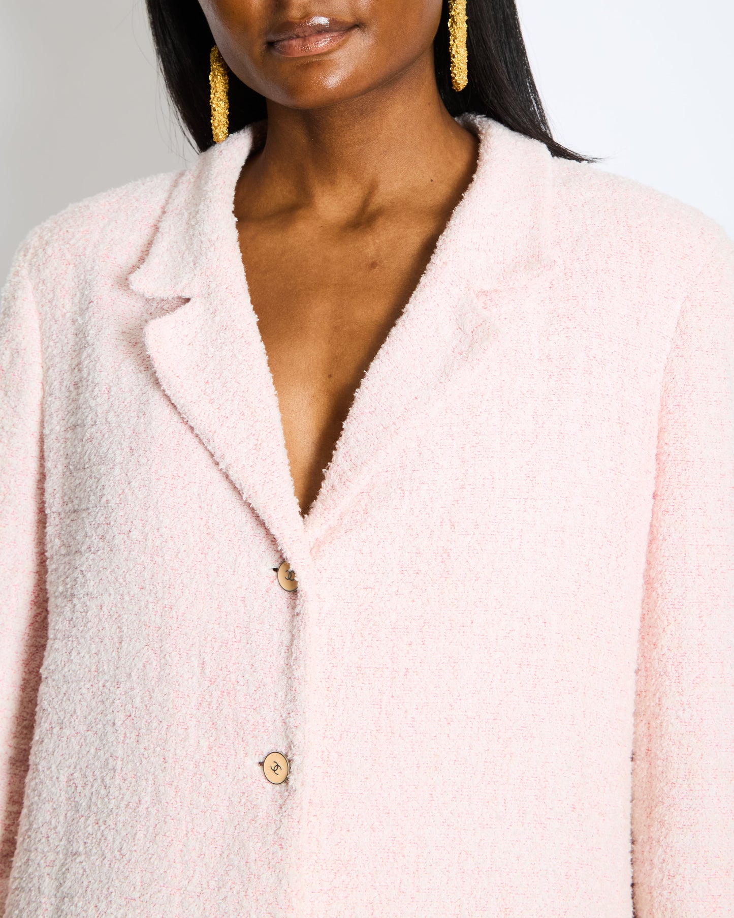 Chanel Pastel Pink Tweed Jacket with Silver and Beige CC Logo Buttons Size FR 38 (UK 10)