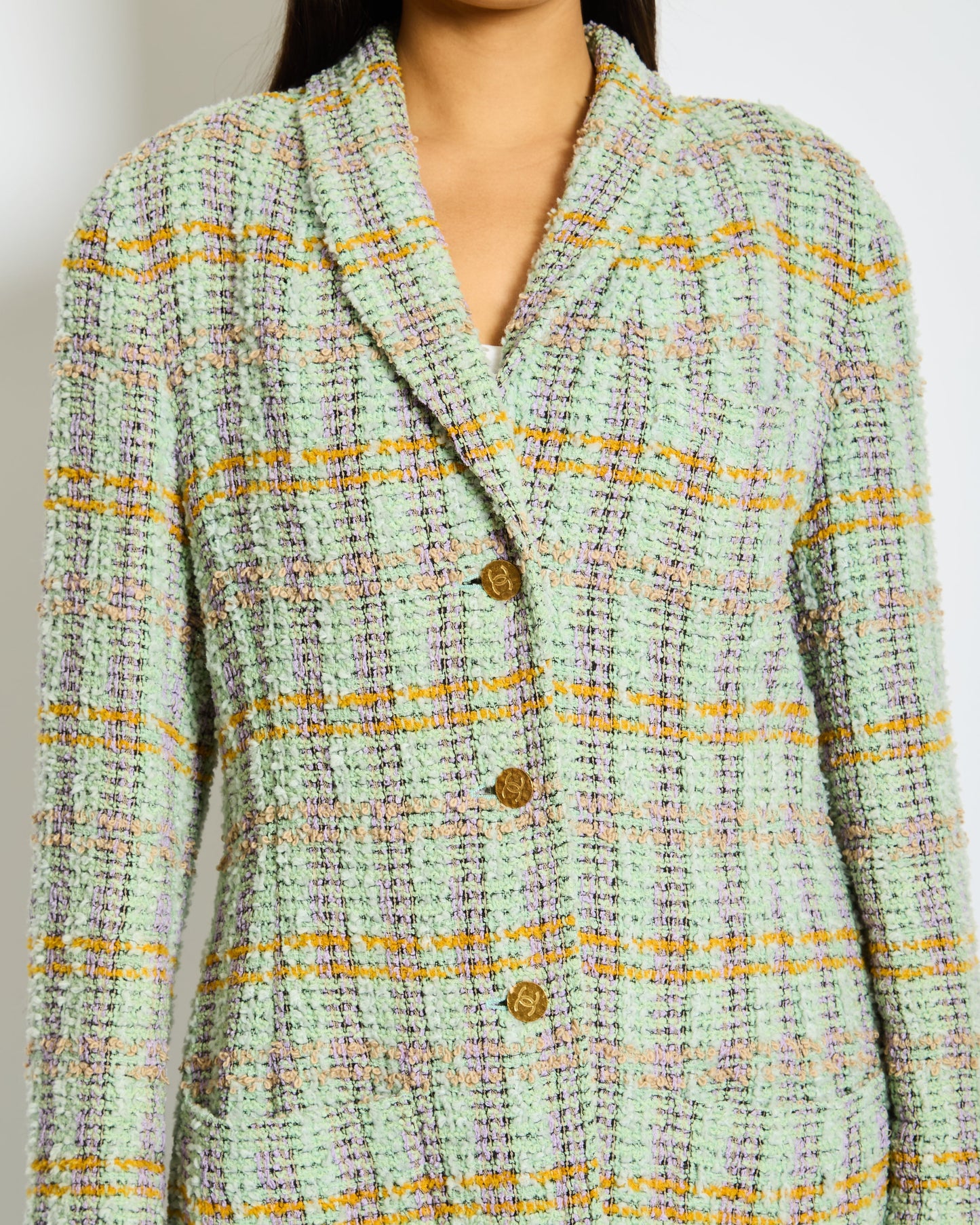 Chanel 1994 Green, Orange and Purple Tweed Jacket with Brushed Gold CC Logo Buttons Size FR 38 (UK 10)