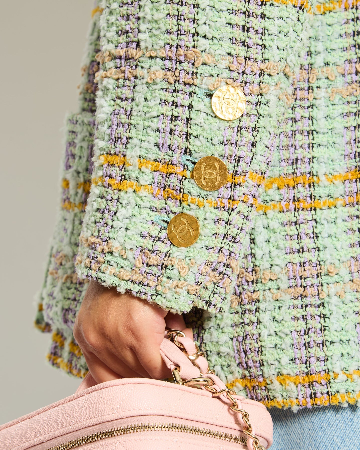Chanel 1994 Green, Orange and Purple Tweed Jacket with Brushed Gold CC Logo Buttons Size FR 38 (UK 10)