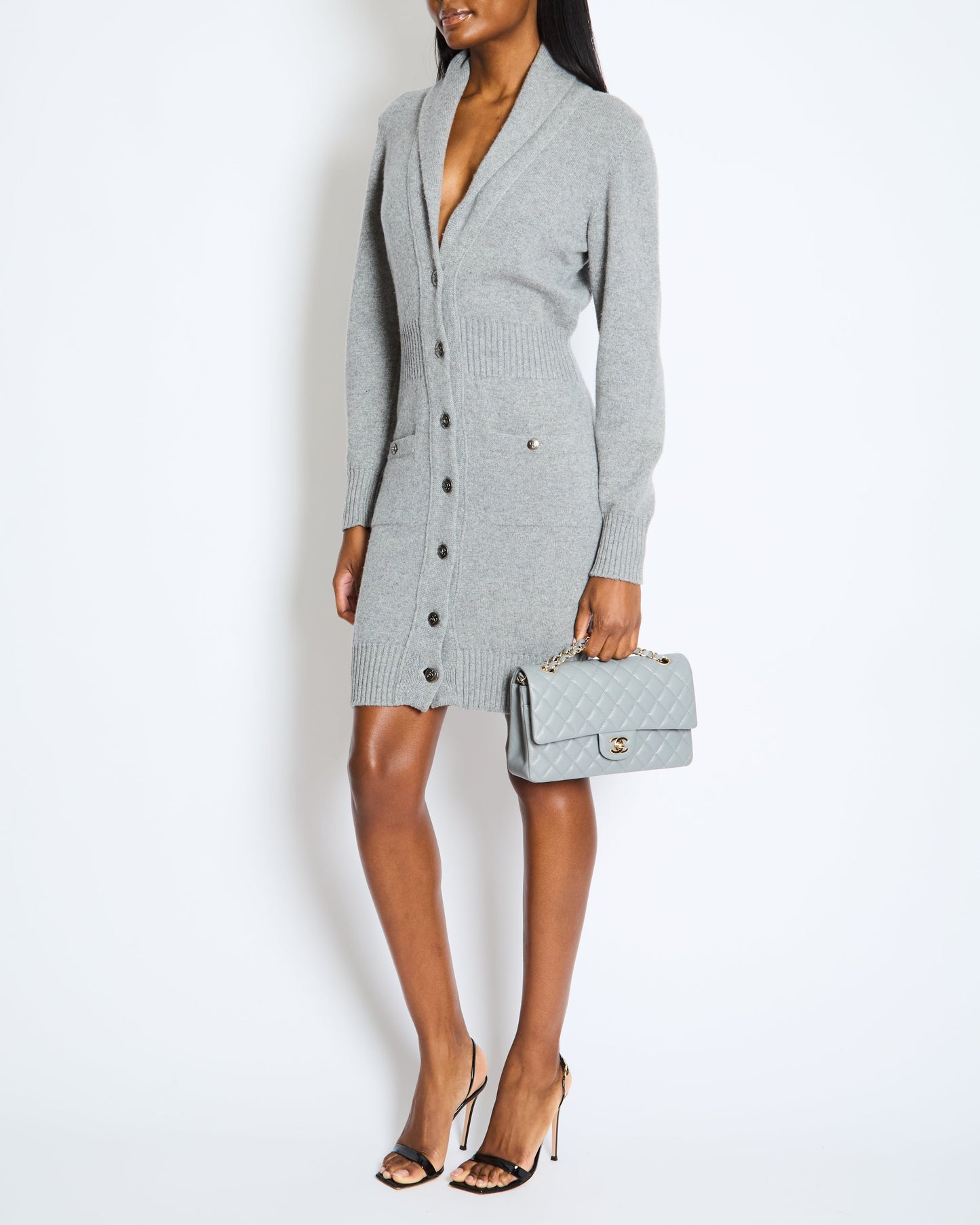 Chanel Grey Cashmere Long Cardigan with Silver CC Buttons Size FR 36 (UK 8) Apparel