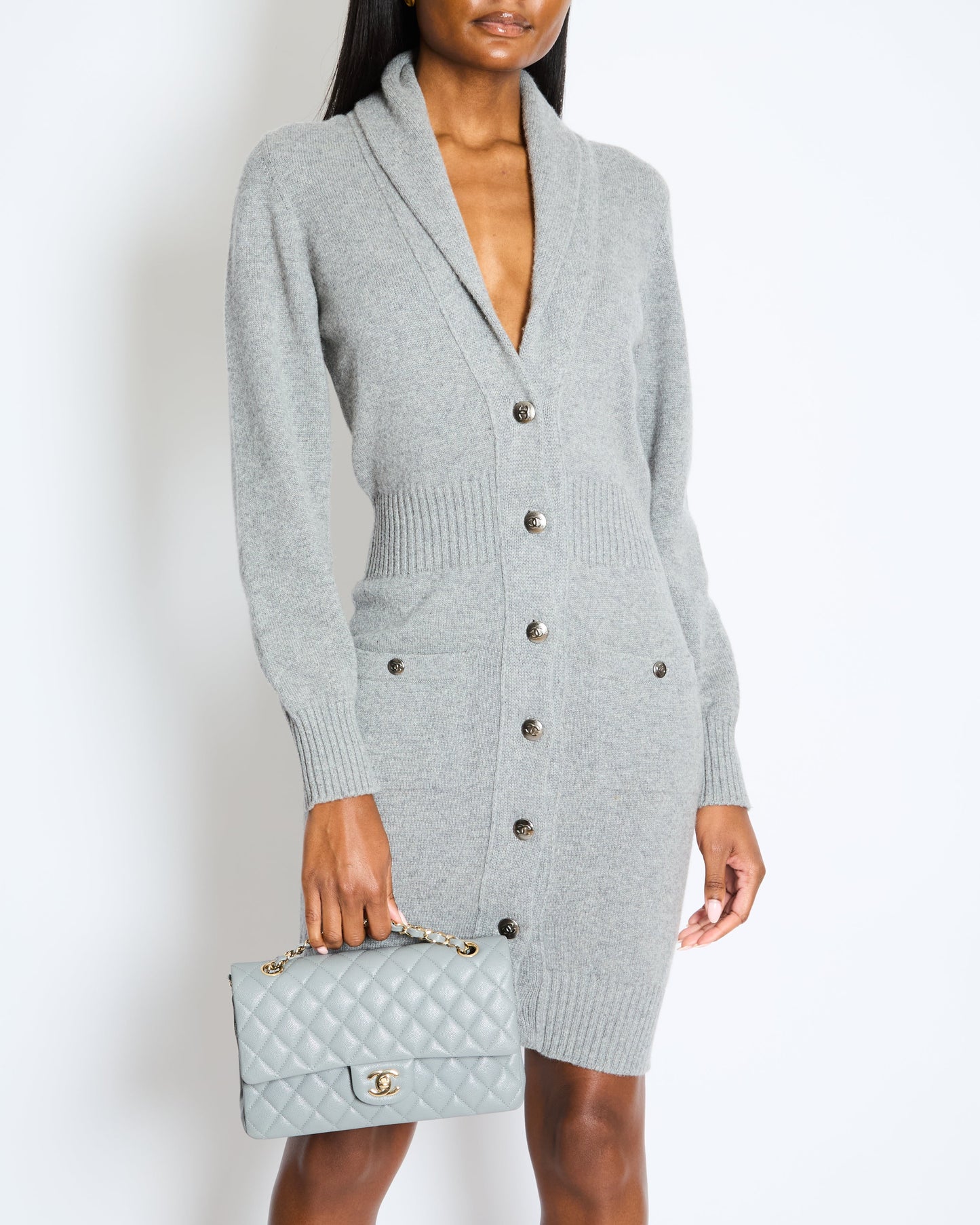 Chanel Grey Cashmere Long Cardigan with Silver CC Buttons Size FR 36 (UK 8) Apparel