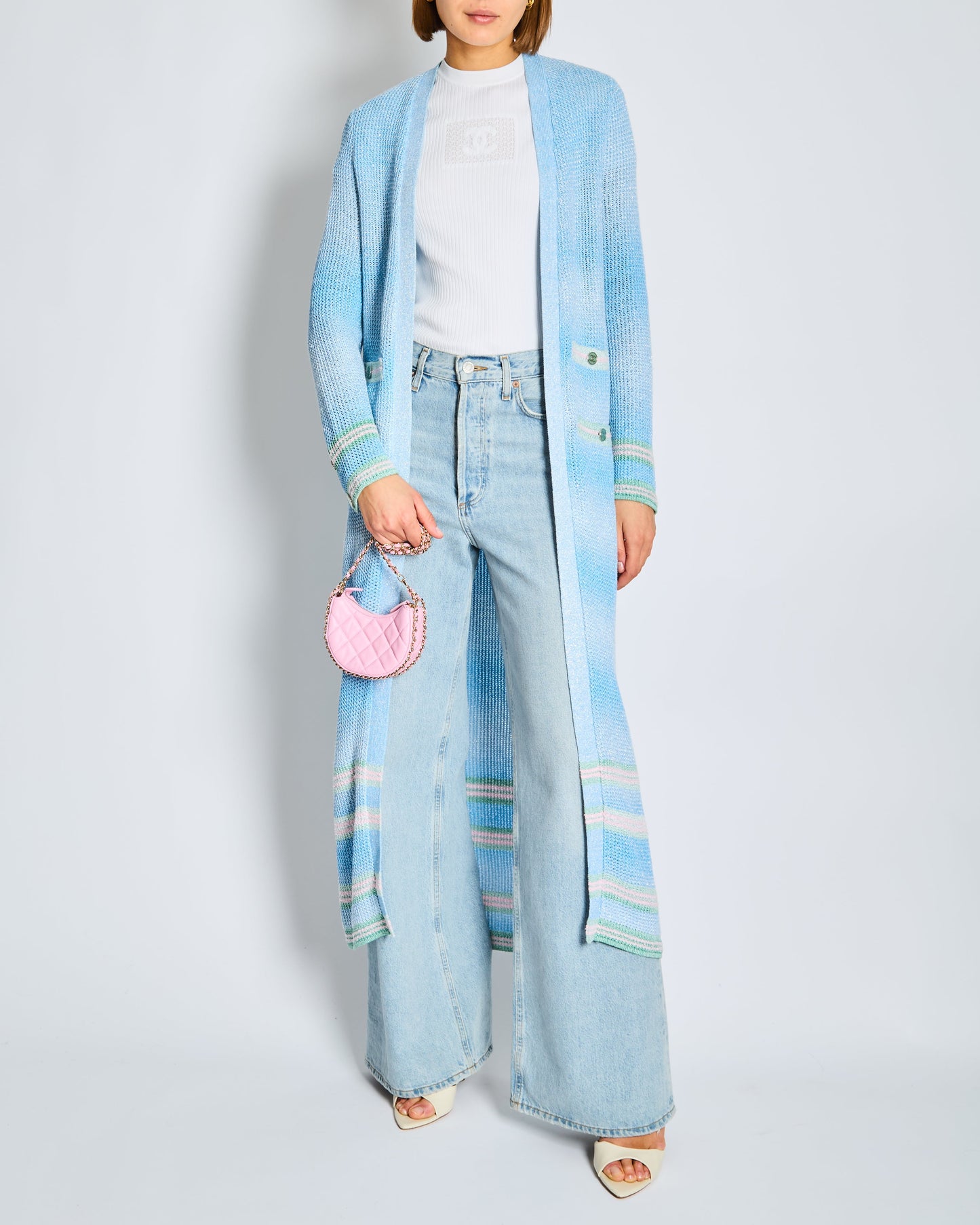 Chanel 23/S Blue Long-line Striped Knitted Cardigan with Green and Pink Trim and CC Button Detail Size Apparel