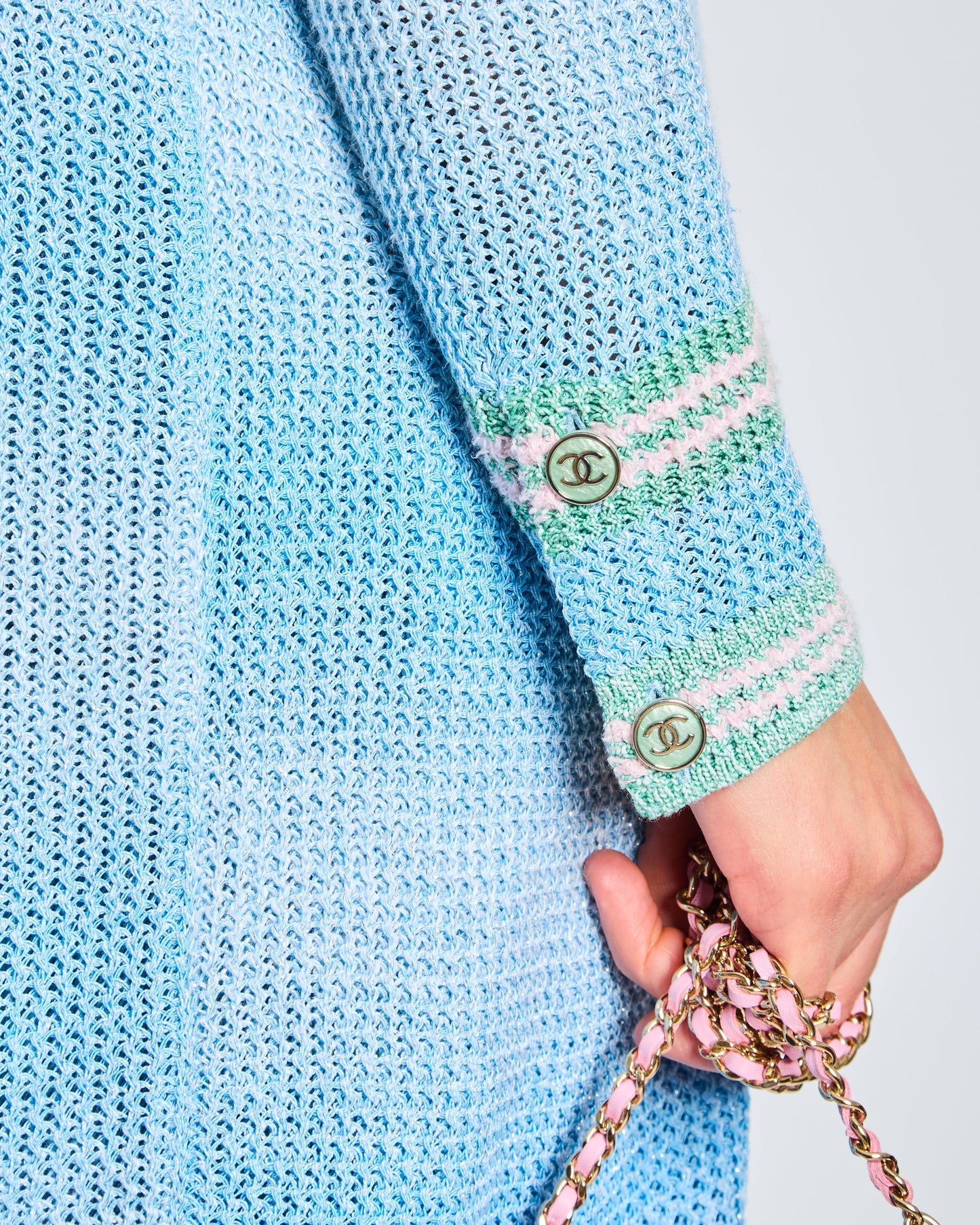 Chanel 23/S Blue Long-line Striped Knitted Cardigan with Green and Pink Trim and CC Button Detail Size Apparel