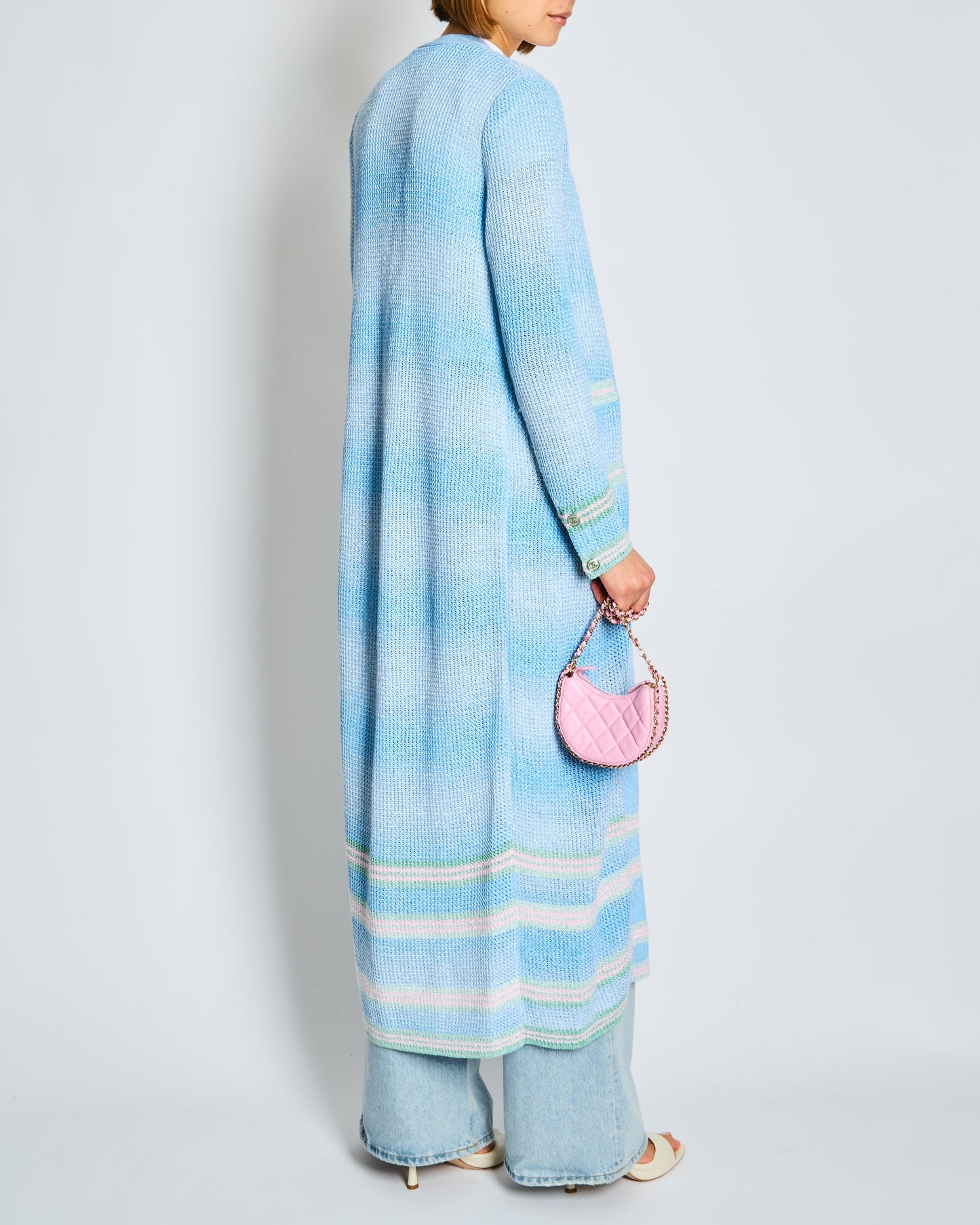 Chanel 23/S Blue Long-line Striped Knitted Cardigan with Green and Pink Trim and CC Button Detail Size Apparel
