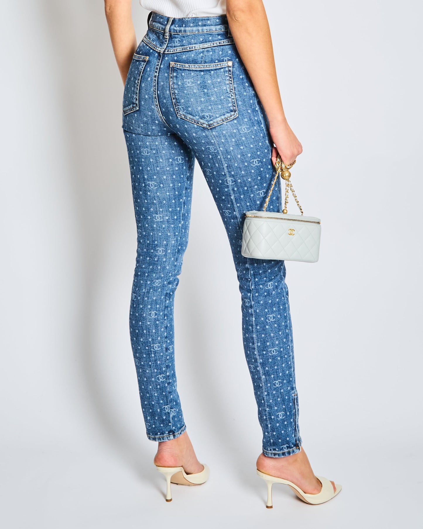 Chanel 23/P Blue Denim Skinny Jeans with CC Logo Print and Zip Hem Detail Size FR 34 Size UK 6 Apparel