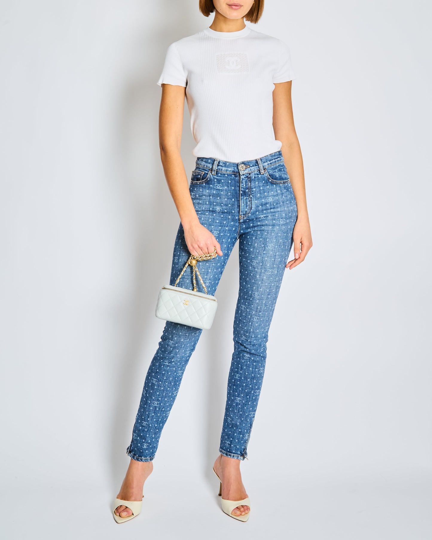 Chanel 23/P Blue Denim Skinny Jeans with CC Logo Print and Zip Hem Detail Size FR 34 Size UK 6 Apparel