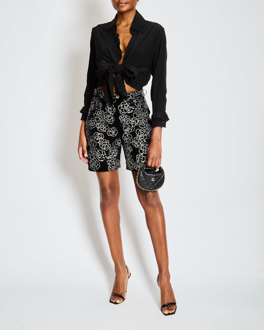 Chanel Black and Silver Sequin Camellia Embellished Velvet Shorts with Camellia Button Detail Size FR 38 (UK 10)
