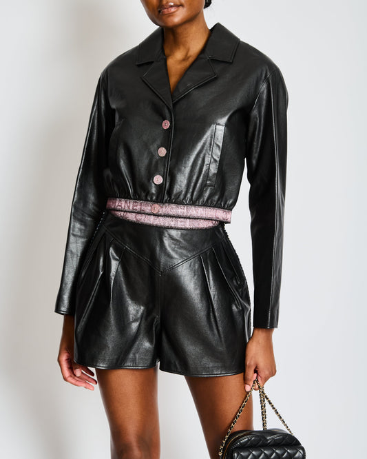 Chanel Black Leather Jacket with Pink CC Logo Buttons and Pink Logo Waistband Size FR 36 (UK 8)