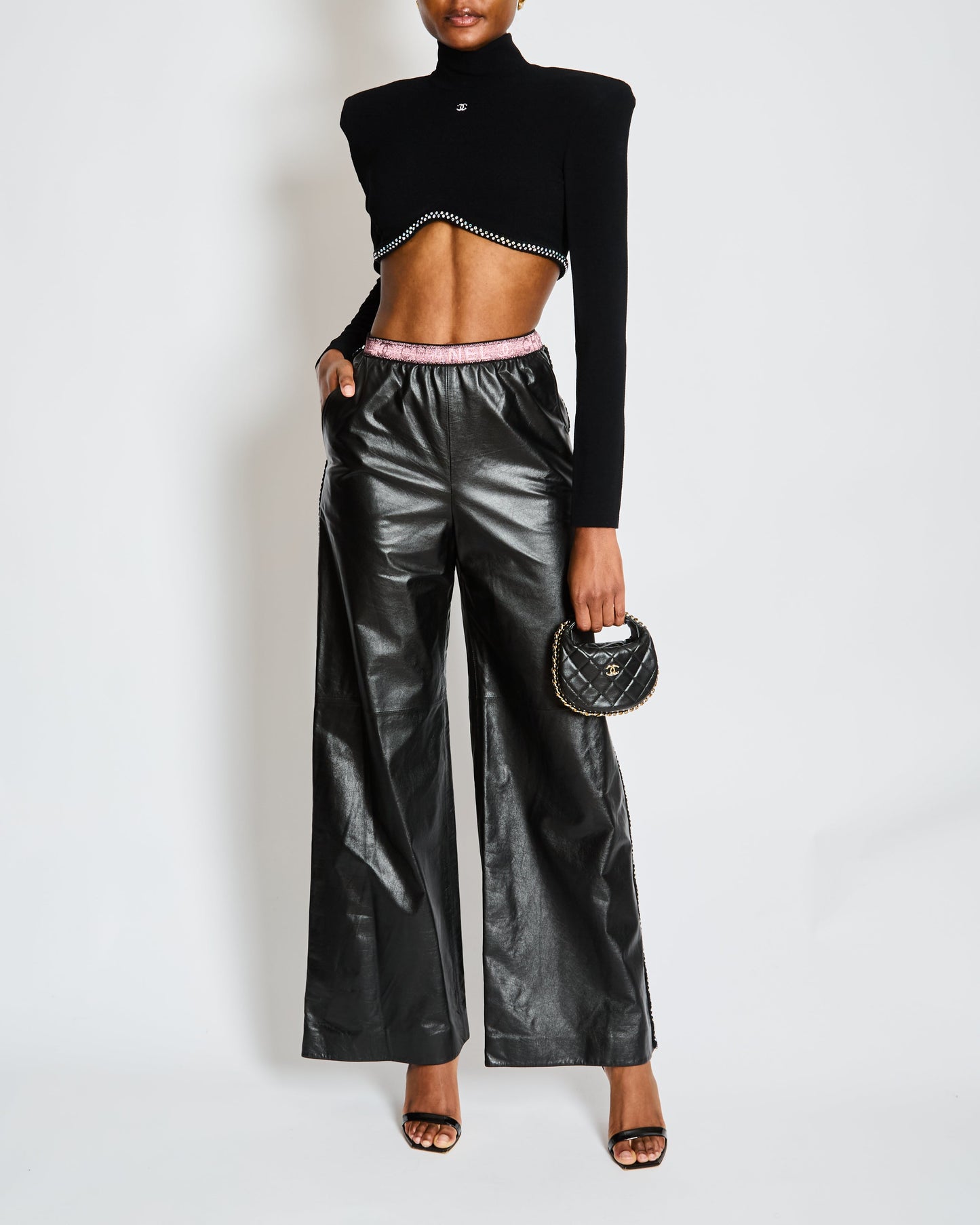 Chanel Black Leather Wide Leg Tro rs with Embellished Tweed Trim and Pink Logo Waistband Size FR 34 (UK 6) Accessory