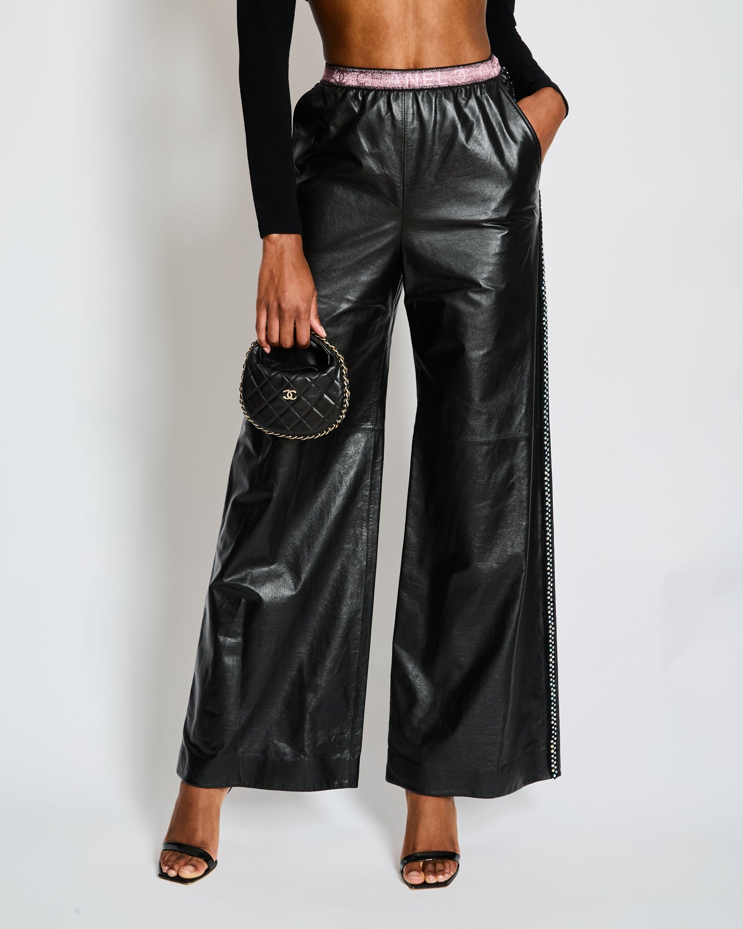 Chanel Black Leather Wide Leg Tro rs with Embellished Tweed Trim and Pink Logo Waistband Size FR 34 (UK 6) Accessory