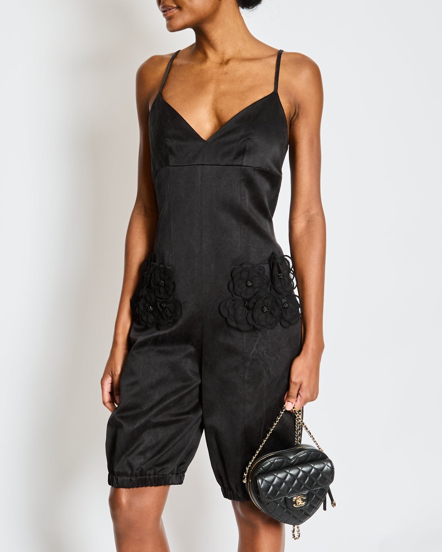 Chanel Black Strappy Playsuit with 3D Camelia Flower Pocket Detail Size FR 36 (UK 8) Accessory