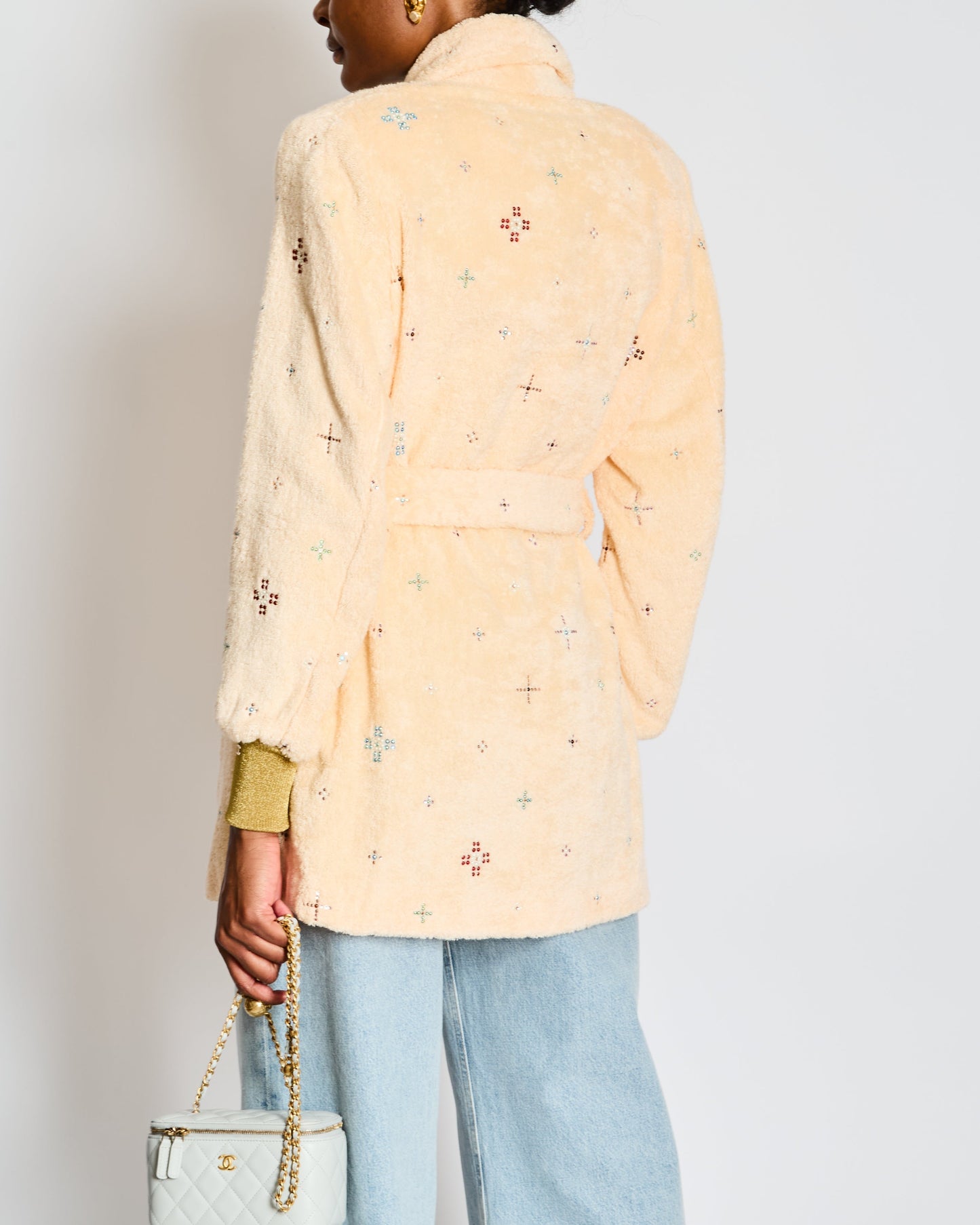 Chanel Peach Terrycloth Robe Jacket with Embellishments and Gold Cuffs Size FR 34 (UK 6)