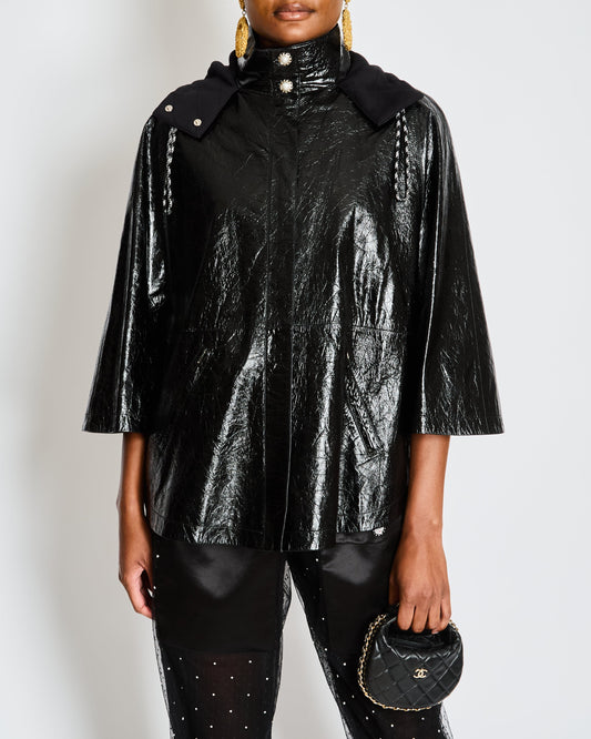 Chanel Fall 2019 By Karl Largerfeld Black Leather Hooded Cape with Embellished Pearl Buttons Size FR 34 (UK 6) Accessory