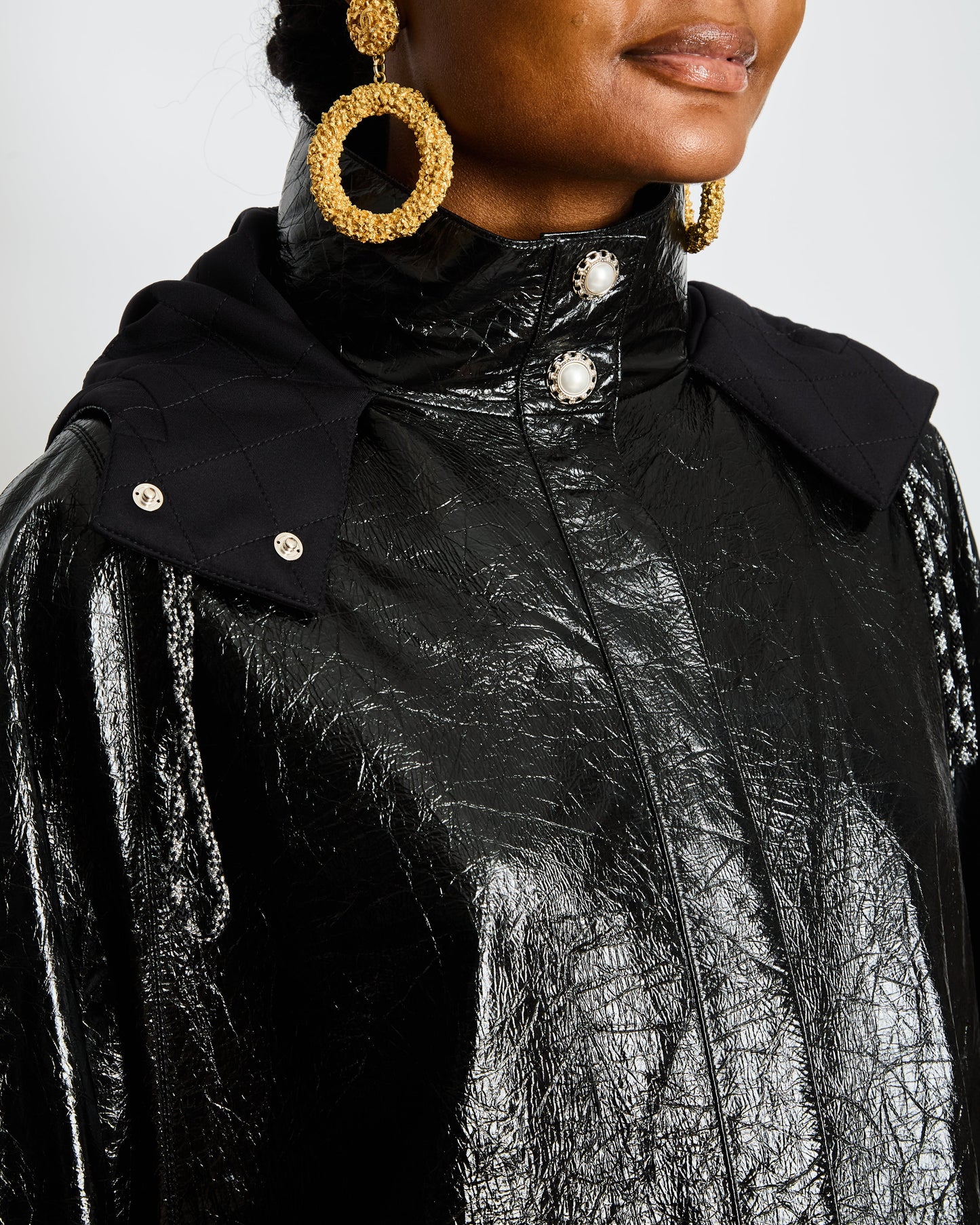Chanel Fall 2019 By Karl Largerfeld Black Leather Hooded Cape with Embellished Pearl Buttons Size FR 34 (UK 6) Accessory
