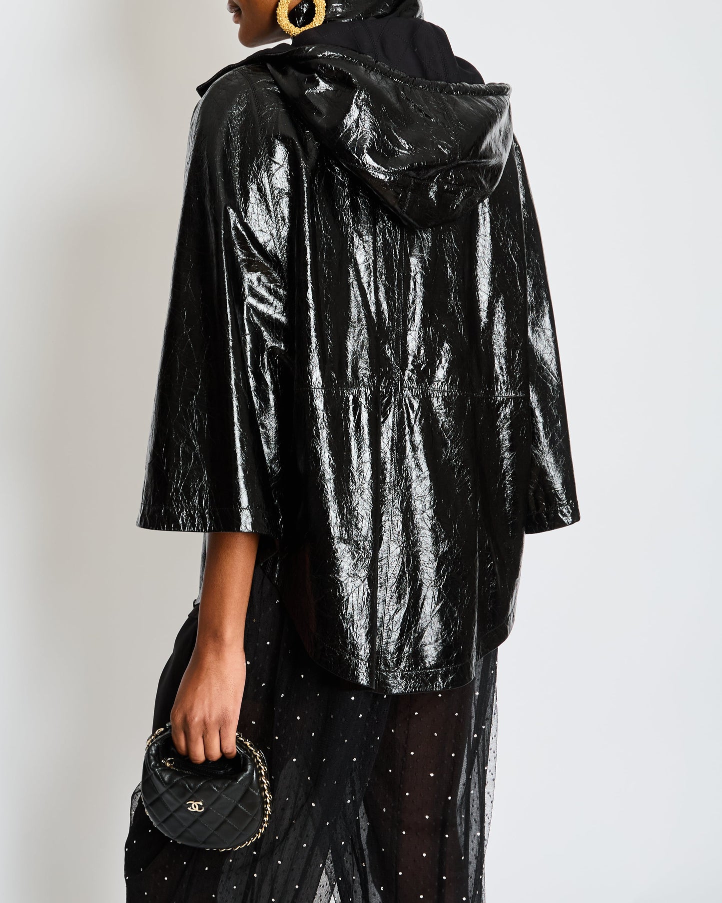 Chanel Fall 2019 By Karl Largerfeld Black Leather Hooded Cape with Embellished Pearl Buttons Size FR 34 (UK 6) Accessory