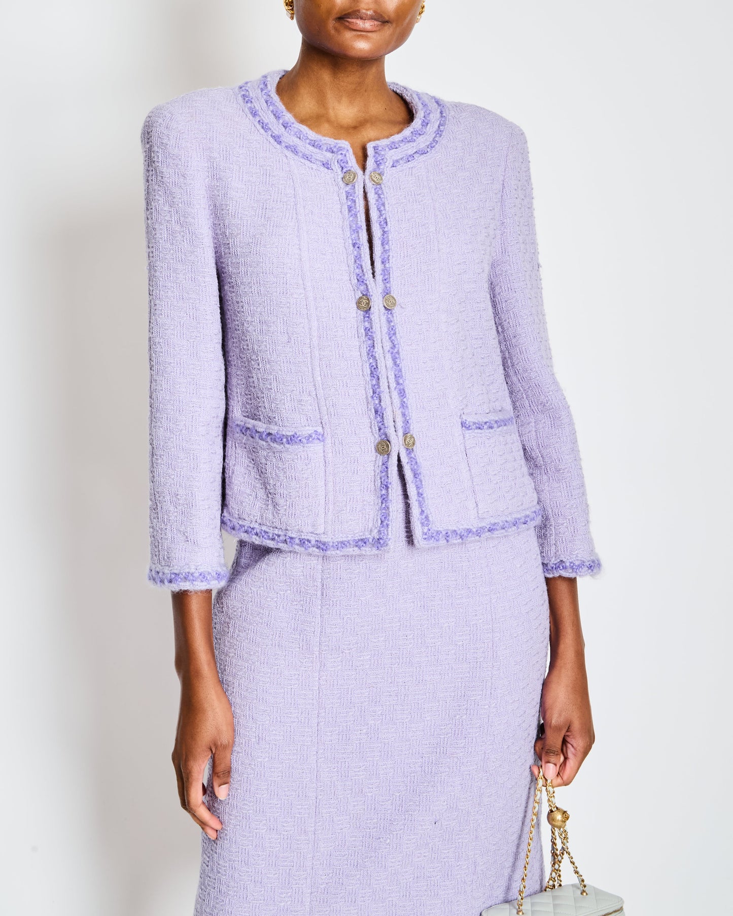 Chanel 98/A Lavender Two Piece Tweed Set with CC Button Detail Size FR 44 (UK 16) Accessory