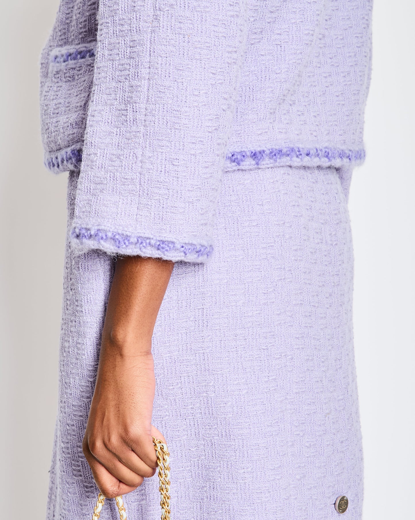 Chanel 98/A Lavender Two Piece Tweed Set with CC Button Detail Size FR 44 (UK 16) Accessory