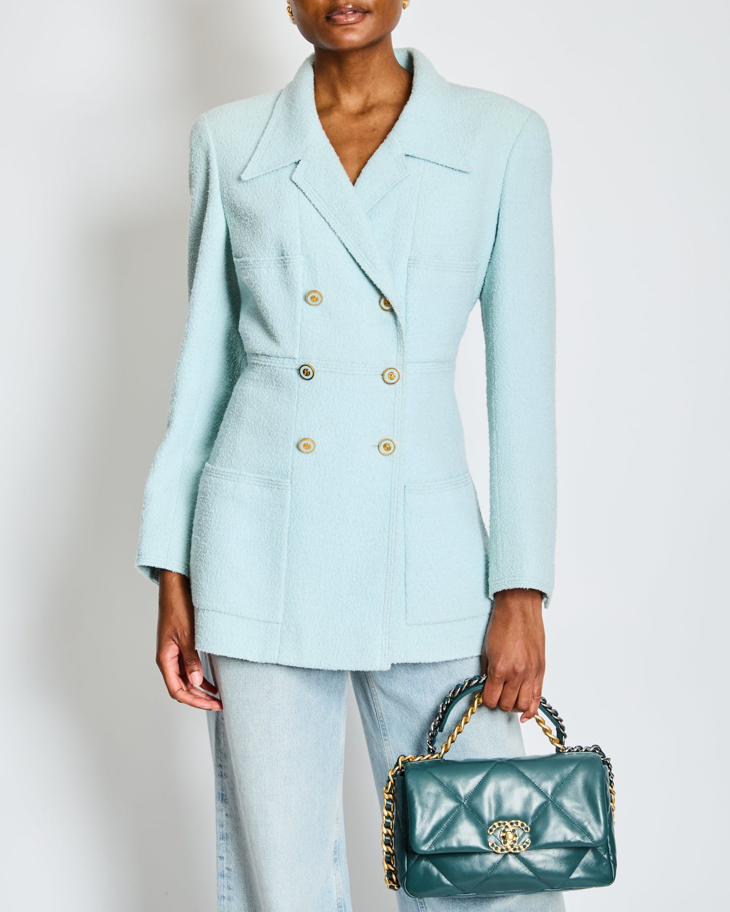 Chanel 96/C Baby Blue Double Breasted Blazer with Gold CC Buttons Size FR 46 (UK 18) Accessory