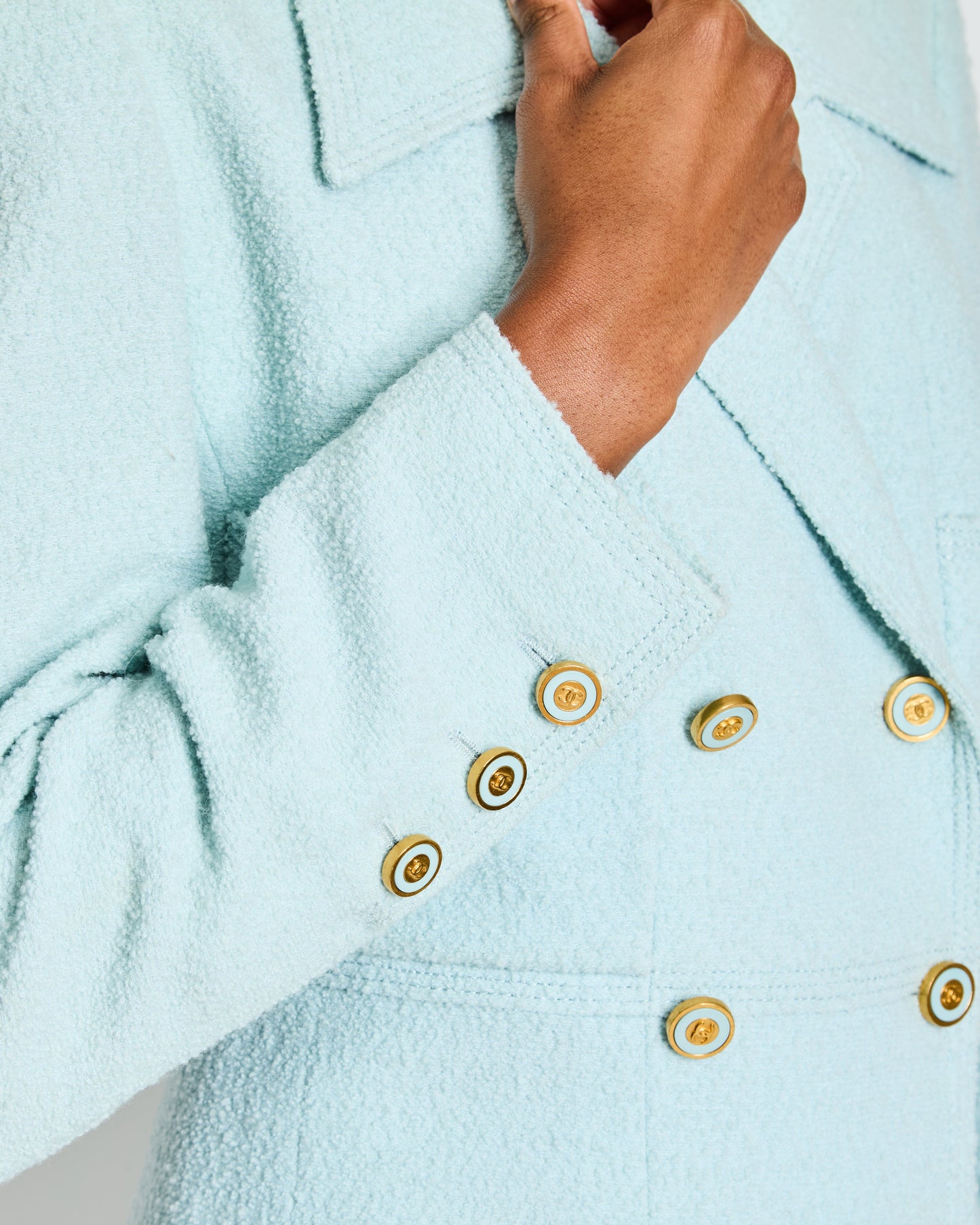 Chanel 96/C Baby Blue Double Breasted Blazer with Gold CC Buttons Size FR 46 (UK 18) Accessory