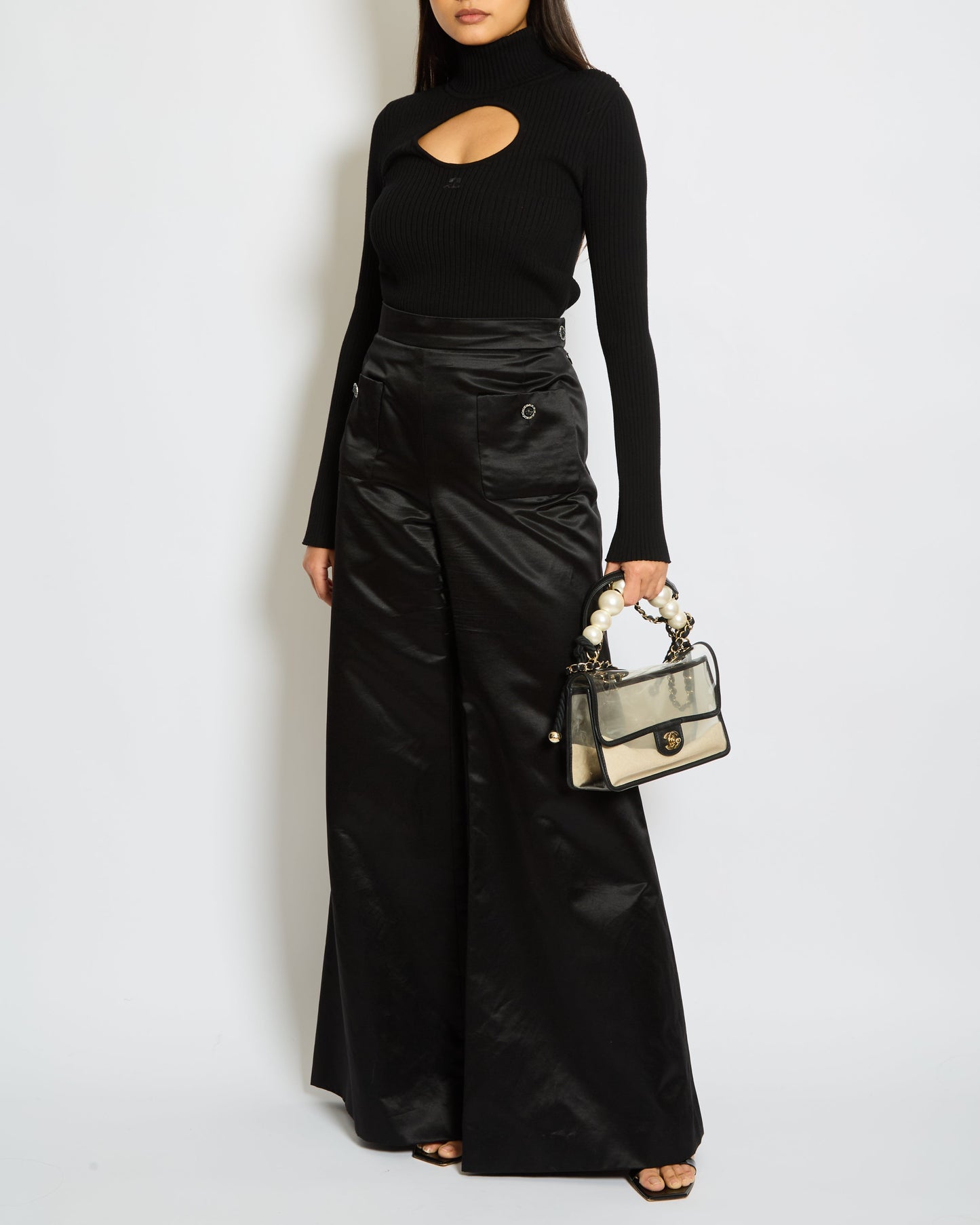 Chanel Black Silk Wide Leg Tro rs with Embellished Buttons and Pocket Detail Size FR 44 (UK 14)