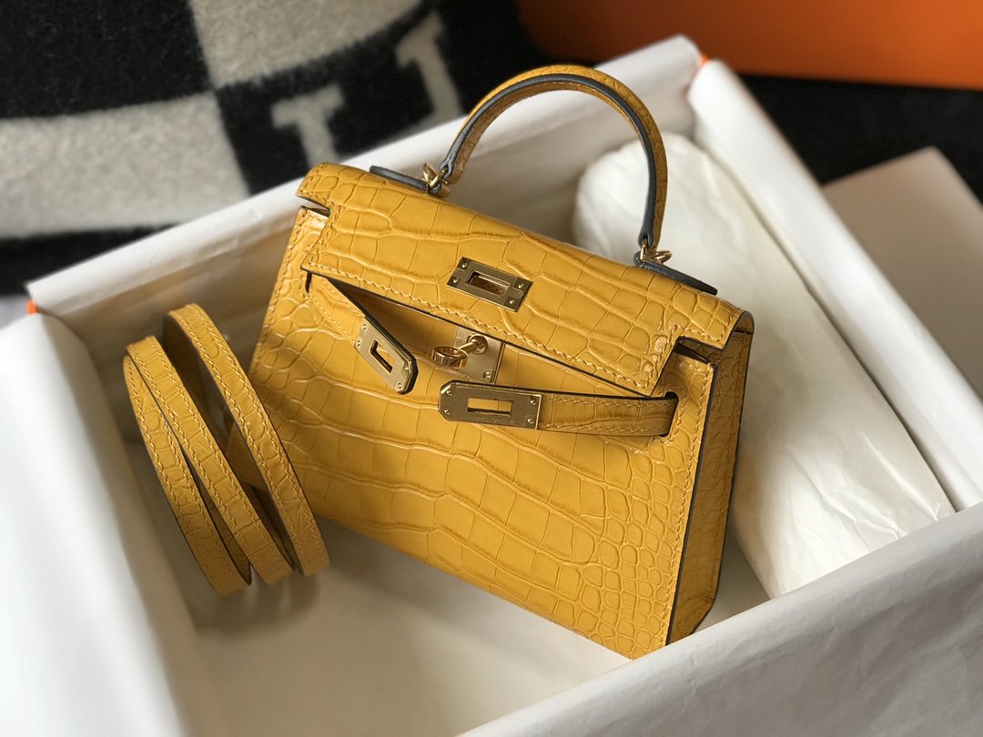 Top Quality Kelly Embossed Patent Yellow Bag Gold Mini Shoulder Bag
