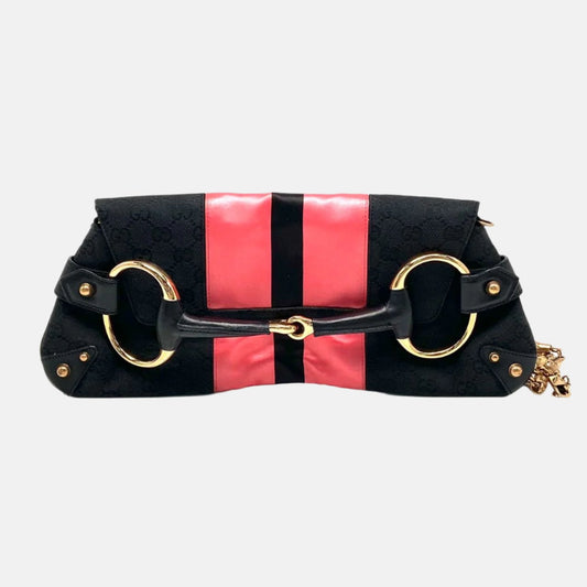 Gucci Horsebit Chain Silk Monogram Black Pink Large Shoulder Bag Silk 2