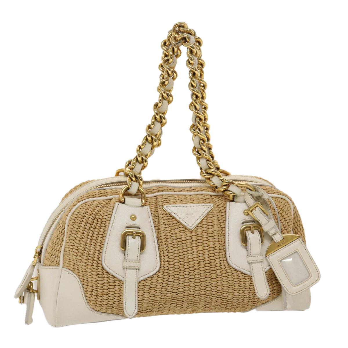Prada Hand Bag Straw Auth Leather White Chain Travel Bag