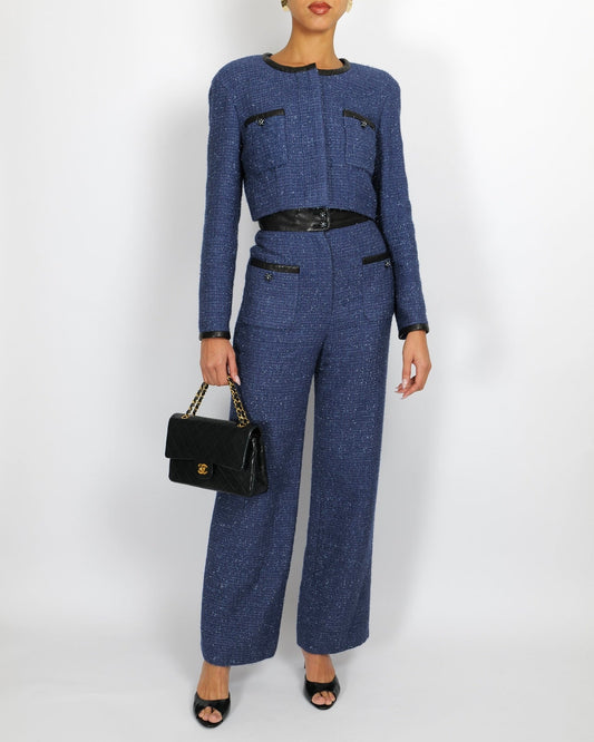 Chanel Cruise 2019 Blue Tweed Cropped Jacket and Tro rs Set with CC Logo Buttons and Black Leather Trims Size FR 36/38 (UK 8/10)