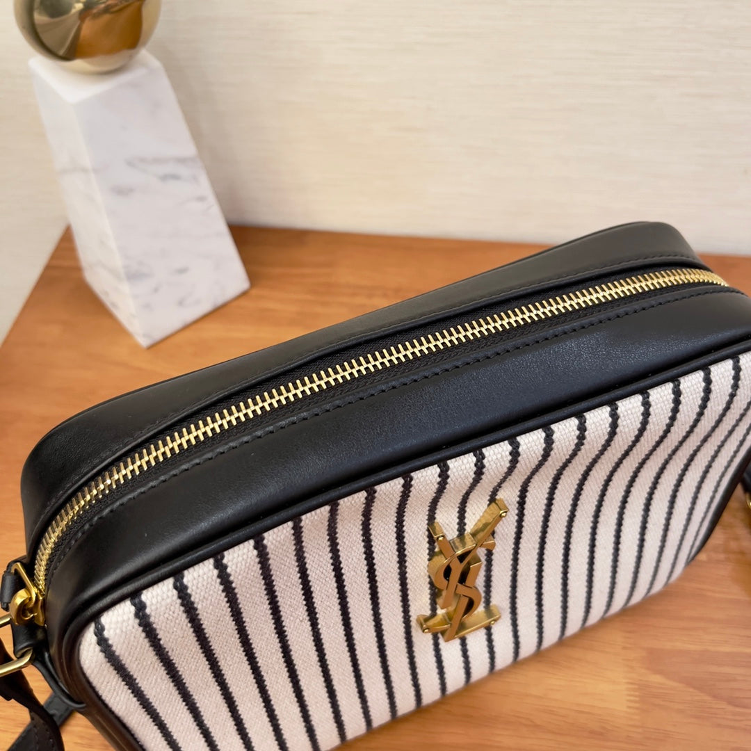YSL Saint Laurent Lou Camera 9in 23cm Canvas Black White Crossbody Bag