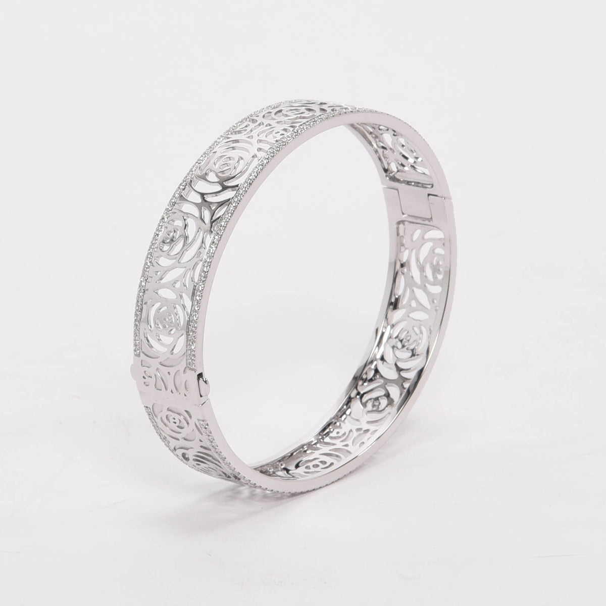 Chanel White Gold & Diamond Camellia Ajoure Bangle