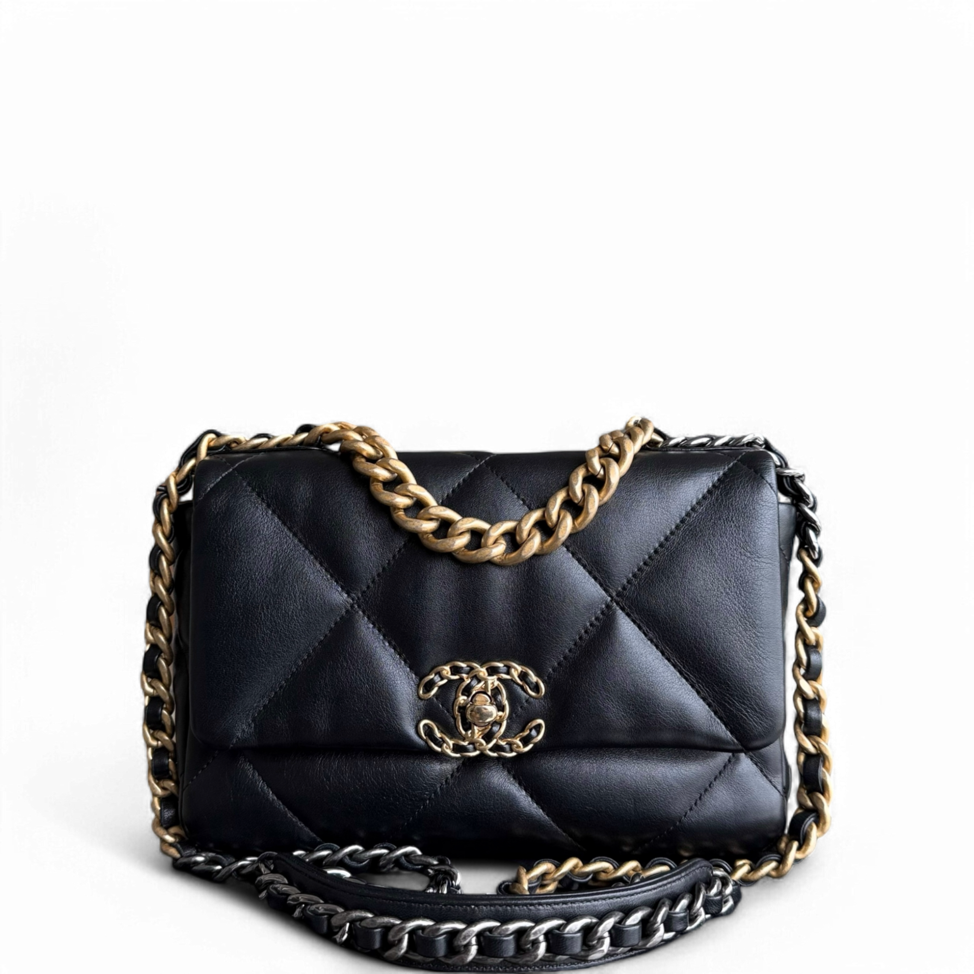 Chanel 19 Bag Small - Shiny Goatskin Two-tone Quilted Black Handbag