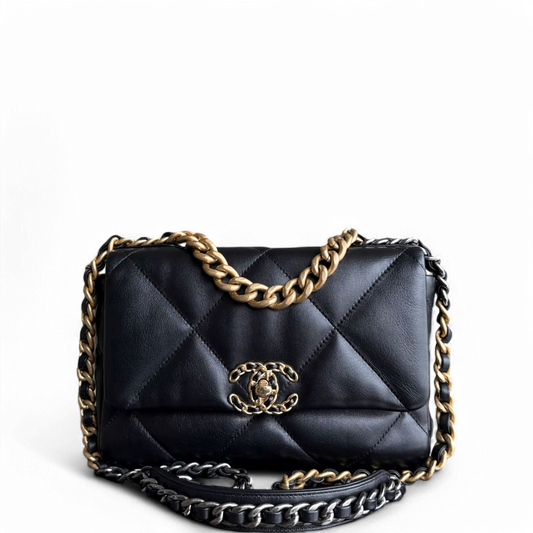 Chanel 19 Bag Small - Shiny Goatskin Two-tone Quilted Black Handbag